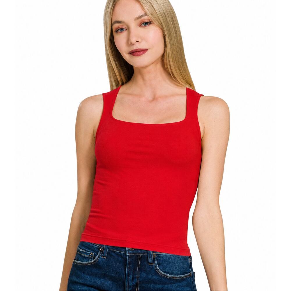 Zenana Seamless Double Layered Square Neck Tank Top Red Women's Size L NEW